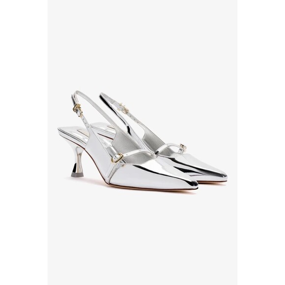 Larroude Ines Metallic Silver Mary Jane Pointed Toe Sculptural Kitten Heels Sz 7 - Picture 4 of 16